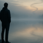 Mensch am nebligen See bei Sonnenaufgang – Symbolbild für den Seelenauftrag und die innere Reise zur Erinnerung.