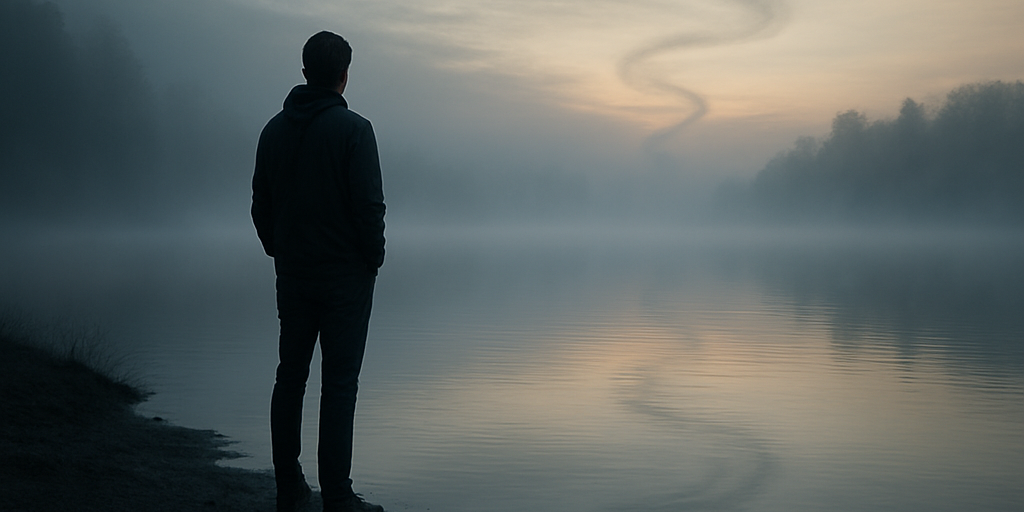 Mensch am nebligen See bei Sonnenaufgang – Symbolbild für den Seelenauftrag und die innere Reise zur Erinnerung.