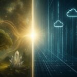 Links das Quantenfeld (Universum), rechts das Internet – in der Mitte die Verbindung zwischen beiden