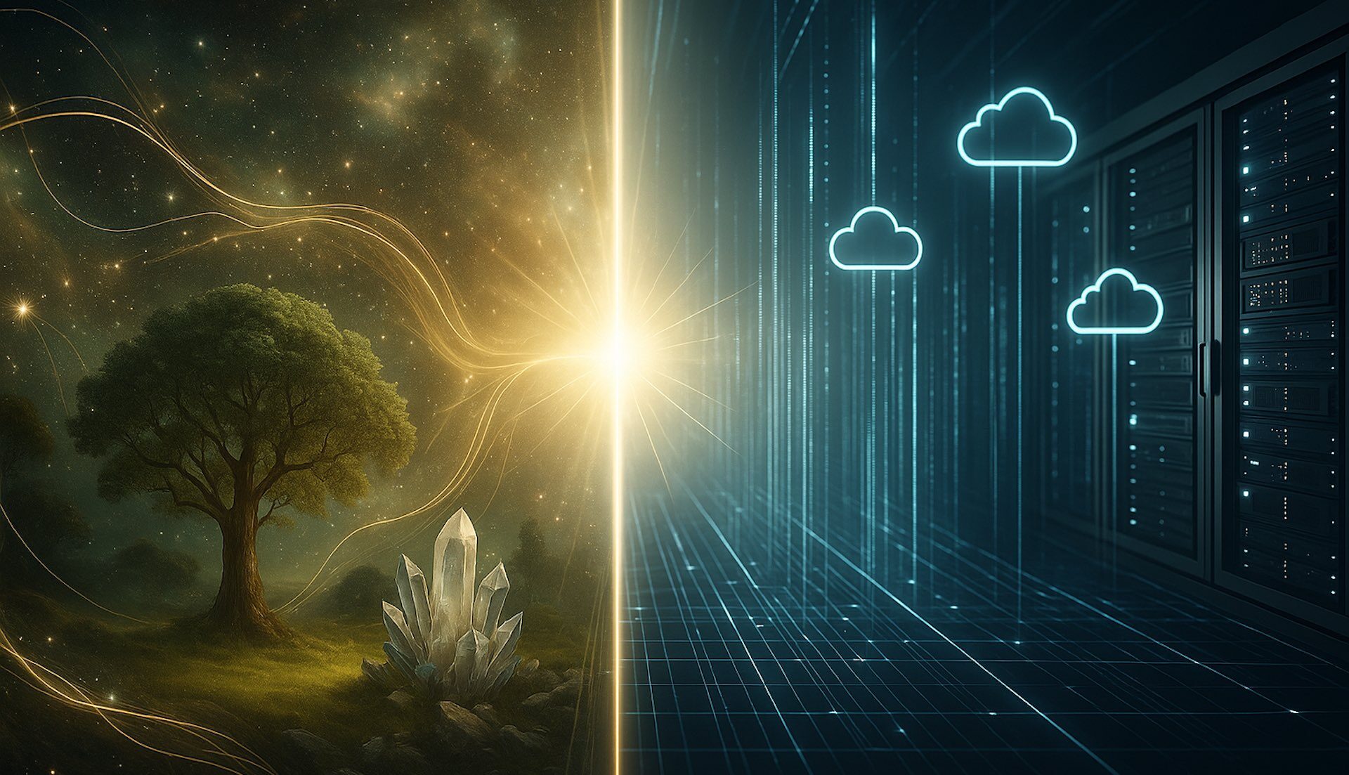 Links das Quantenfeld (Universum), rechts das Internet – in der Mitte die Verbindung zwischen beiden